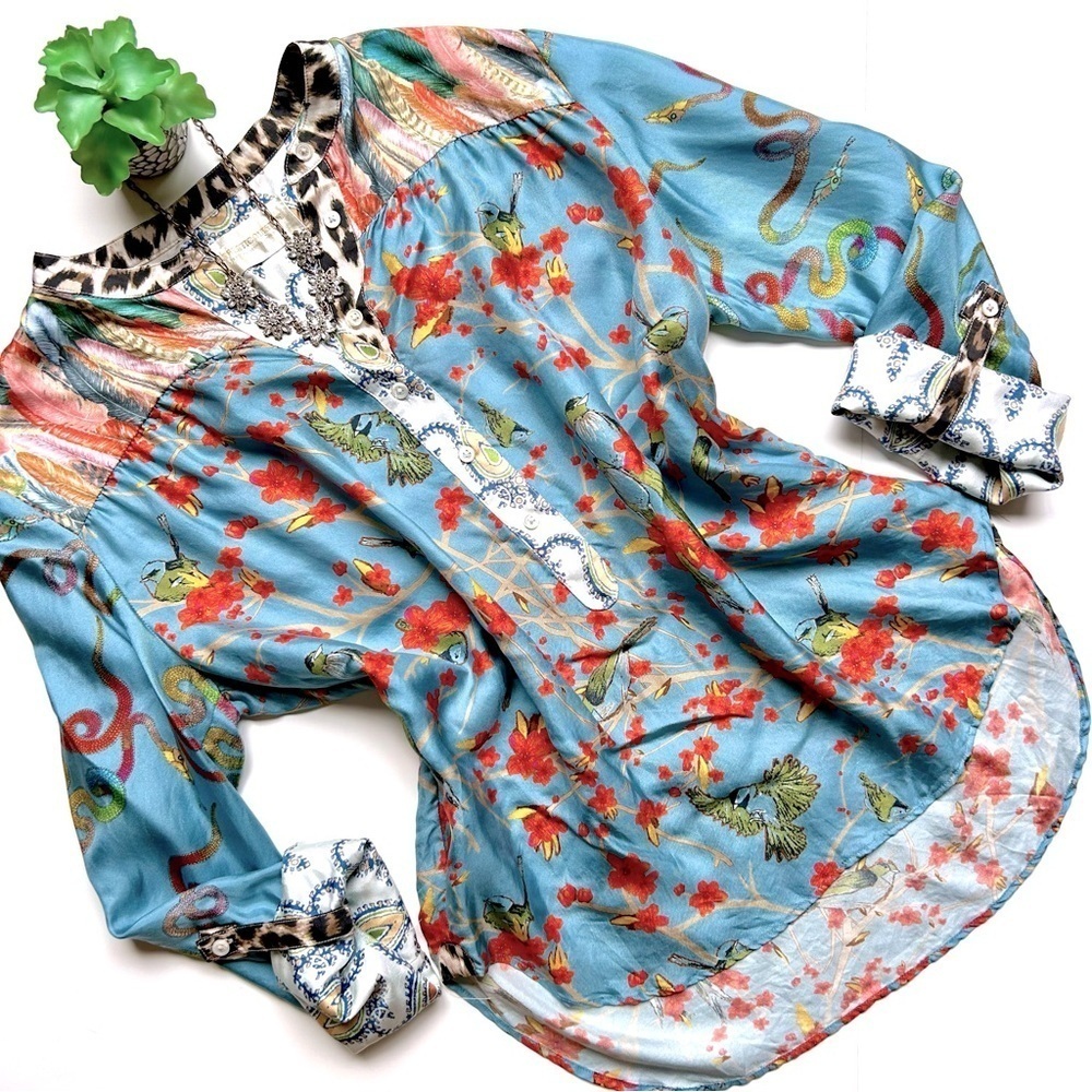 La Prestic Ouiston Romee Silk Blouse Popover Top Mixed Print Bird Snake Leopard